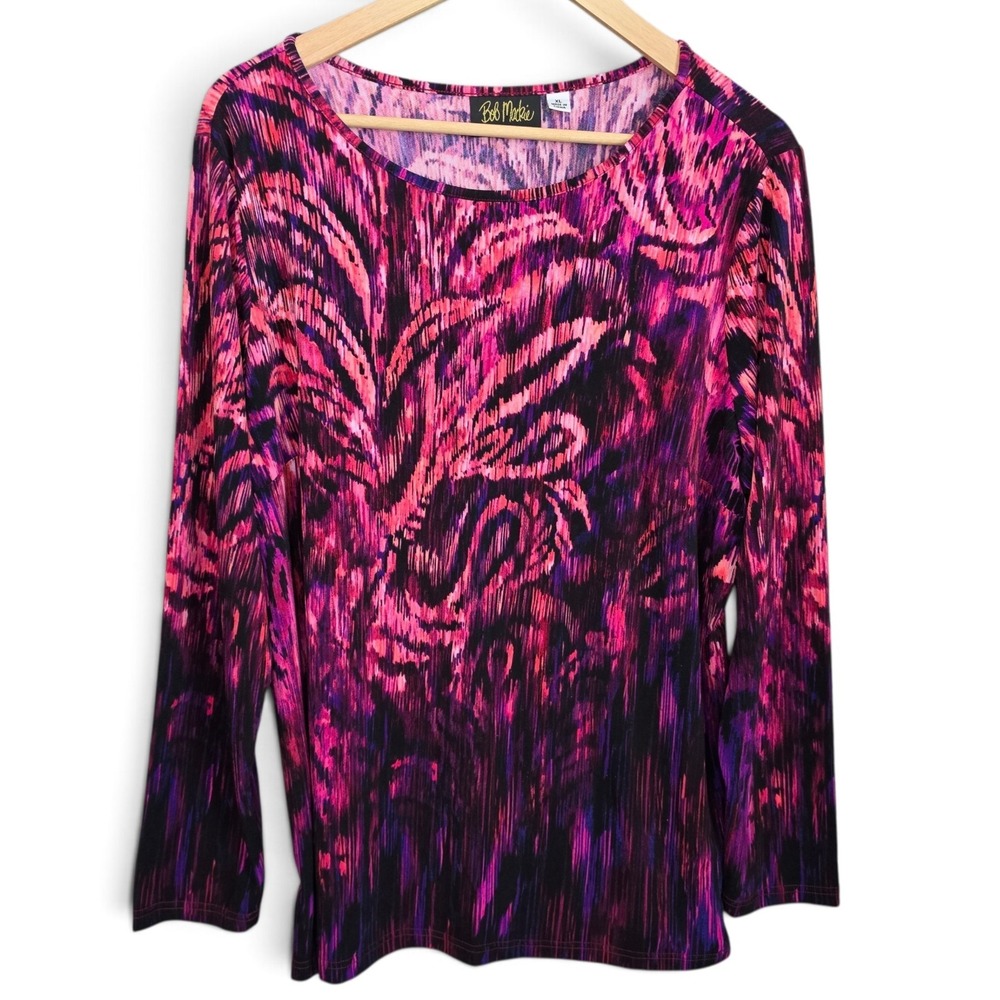 Bob Mackie Wearable Art Womens XL Pink Purple Abstract Animal Print Top Blouse